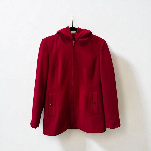 London Fog Wool Blend Pea Coat Red Hooded Zip Closure Women's Size Small - Picture 2 of 5